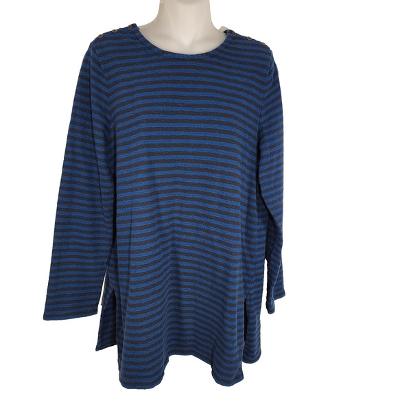 J Jill Women Tunic Sweater Blue Striped Long Sleeve Cotton Button Shoulder Large - Picture 1 of 10